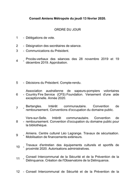 Conseil Amiens Métropole Du Jeudi 13 Février 2020. ORDRE DU JOUR 1