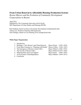 From Urban Renewal to Affordable Housing Production System: Boston Mayors and the Evolution of Community Development Corporations in Boston