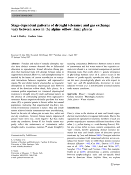 Stage-Dependent Patterns of Drought Tolerance and Gas Exchange Vary Between Sexes in the Alpine Willow, Salix Glauca