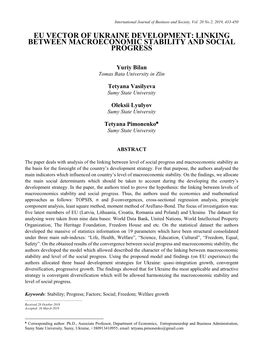 Eu Vector of Ukraine Development: Linking Between Macroeconomic Stability and Social Progress