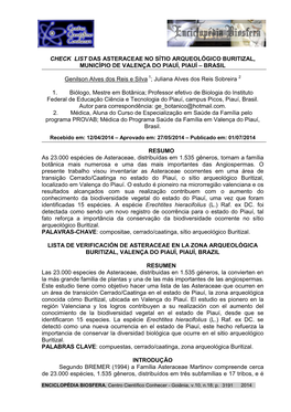 Check List Das Asteraceae No Sítio Arqueológico Buritizal, Município De Valença Do Piauí, Piauí – Brasil