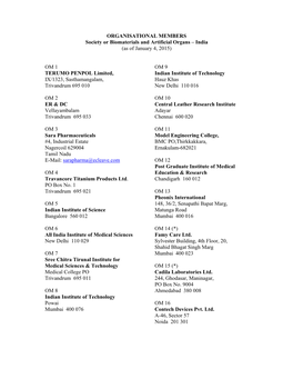 ORGANISATIONAL MEMBERS Society Or Biomaterials and Artificial Organs – India (As of January 4, 2015)