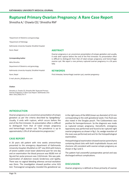 Ruptured Primary Ovarian Pregnancy: a Rare Case Report Shrestha A,1 Chawla CD,1 Shrestha RM2