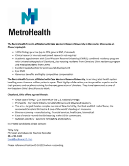 The Metrohealth System, Affiliated with Case Western Reserve University in Cleveland, Ohio Seeks an Otolaryngologist