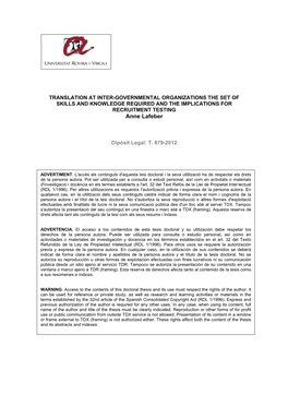 TRANSLATION at INTER-GOVERNMENTAL ORGANIZATIONS the SET of SKILLS and KNOWLEDGE REQUIRED and the IMPLICATIONS for RECRUITMENT TESTING Anne Lafeber