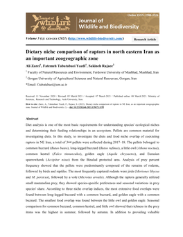 Dietary Niche Comparison of Raptors in NE Iran, As an Important Zoogeographic Zone