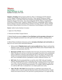 Minutes Fall Meeting Friday, November 12, 2010 Instituto Cervantes, New York