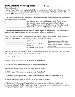 MAP ACTIVITY: Prevailing Winds NAME: (*Use Sentences.) 1