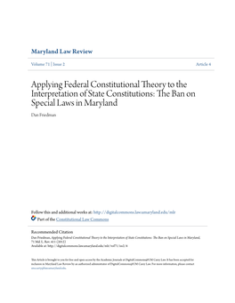 Applying Federal Constitutional Theory to the Interpretation of State Constitutions: the Ab N on Special Laws in Maryland Dan Friedman