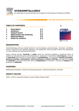 HYDROMETALLURGY an International Journal Devoted to All Aspects of the Aqueous Processing of Metals