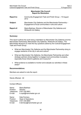 Report on the Art Galleries to Cultural Engagement Task and Finish Group on 15 August 2012