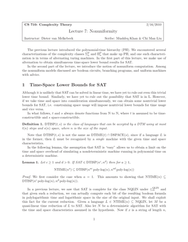 Lecture 7: Nonuniformity 1 Time-Space Lower Bounds For