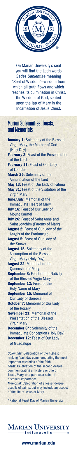 MARIAN UNIVERSITY Marian Solemnities, Feasts, and Memorials