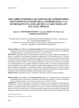 Recambio Temporal De Especies De Lepidópteros Nocturnos En Función De La Temperatura Y La Humedad En Una Zona De Selva Caducifolia En Yucatán, México