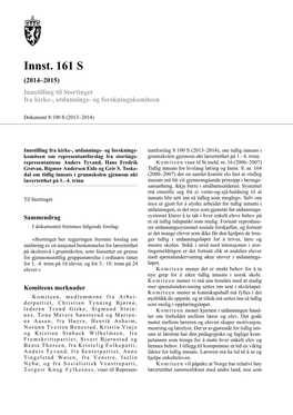 Innst. 161 S (2014–2015) Innstilling Til Stortinget Fra Kirke-, Utdannings- Og Forskningskomiteen