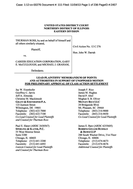 Thurman Ross, Et Al. V. Career Education Corporation, Et Al. 12-CV-00276-Lead Plaintiffs' Memorandum of Points and Authoriti