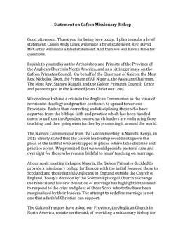 Statement on Gafcon Missionary Bishop Good Afternoon. Thank You for Being Here Today. I Plan to Make a Brief Statement. Canon A