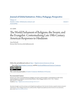The World Parliament of Religions, the Swami, and the Evangelist: Contextualizing Late 19Th- Century American Responses to Hinduism