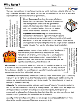 Who Rules? Name: Reading, Pg 1 There Are Many Different Forms of Government in Our World