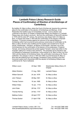 Lambeth Palace Library Research Guide Places of Confirmation of Election of Archbishops of Canterbury