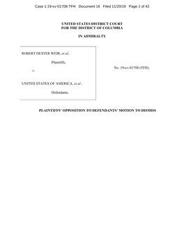 UNITED STATES DISTRICT COURT for the DISTRICT of COLUMBIA in ADMIRALTY Plaintiffs, V. UNITED STATES of AMERICA, Et Al., Defenda