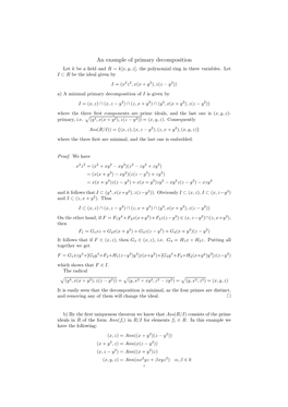 An Example of Primary Decomposition Let K Be a ﬁeld and R = K[X, Y, Z], the Polynomial Ring in Three Variables