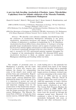 Anodonthyla Hutchisoni, New Species, Is Named in Honor of a Lifetime of Dedication to Excellence in Herpetology by V