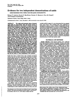 Evidence for Two Independent Domestications of Cattle (Ani Dome Aton/Bovine Evolution/Conservatlon Genetics/Mitochondrlal DNA) RONAN T