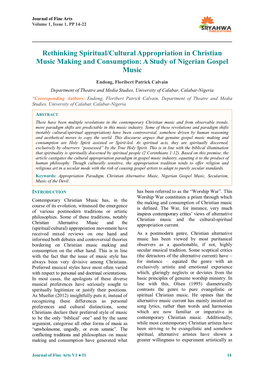 Rethinking Spiritual/Cultural Appropriation in Christian Music Making and Consumption: a Study of Nigerian Gospel Music