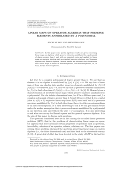 LINEAR MAPS on OPERATOR ALGEBRAS THAT PRESERVE ELEMENTS ANNIHILATED by a POLYNOMIAL 1. Introduction Let F(X)