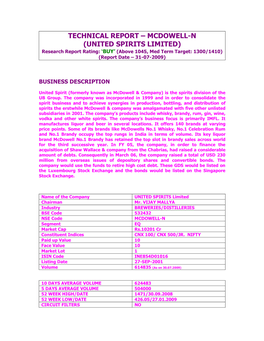 MCDOWELL-N (UNITED SPIRITS LIMITED) Research Report Rating: ‘BUY’ (Above 1045, Med Term Target: 1300/1410) (Report Date – 31-07-2009)