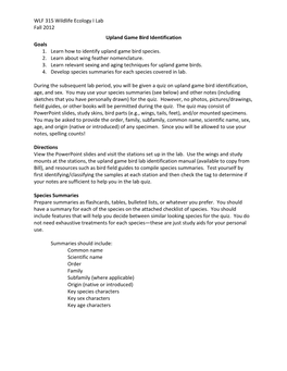 Lab Handout for Upland Game Bird Identification