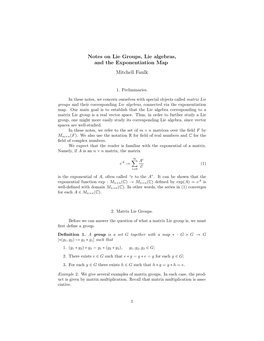 Notes on Lie Groups, Lie Algebras, and the Exponentiation Map Mitchell Faulk