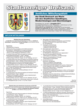 Stadtanzeiger Breisach Amtliches Mitteilungsblatt Der Stadt Breisach Am Rhein Mit Den Stadtteilen Gündlingen, Niederrimsingen Und Oberrimsingen Donnerstag, 20