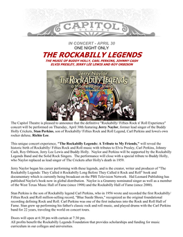 The Rockabilly Legends the Music of Buddy Holly, Carl Perkins, Johnny Cash Elvis Presley, Jerry Lee Lewis and Roy Orbison