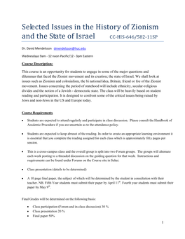 History of Zionism and the State of Israel CC-HIS-646/582-11SP