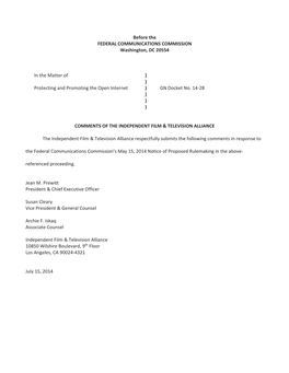 Before the FEDERAL COMMUNICATIONS COMMISSION Washington, DC 20554 in the Matter of Protecting and Promoting the Open Internet )