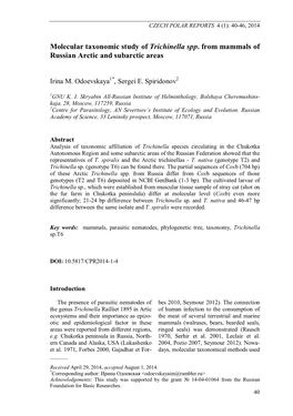 Molecular Taxonomic Study of Trichinella Spp. from Mammals of Russian Arctic and Subarctic Areas