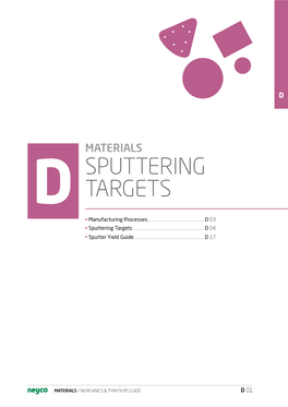 MATERIALS Sputtering D Targets • Manufacturing Processes