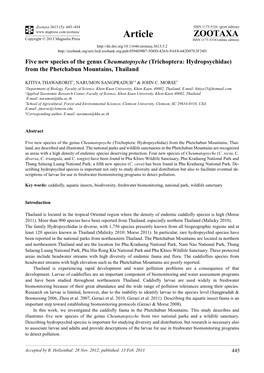 Five New Species of the Genus Cheumatopsyche (Trichoptera: Hydropsychidae) from the Phetchabun Mountains, Thailand