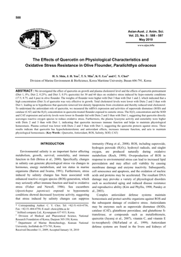 The Effects of Quercetin on Physiological Characteristics and Oxidative Stress Resistance in Olive Flounder, Paralichthys Olivaceus