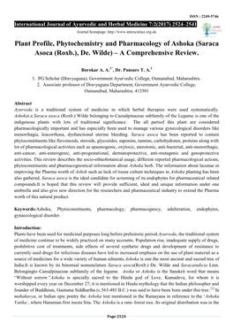 Plant Profile, Phytochemistry and Pharmacology of Ashoka (Saraca Asoca (Roxb.), De