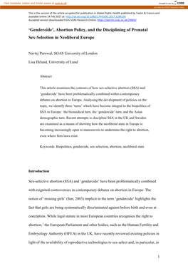 Gendercide’, Abortion Policy, and the Disciplining of Prenatal Sex-Selection in Neoliberal Europe