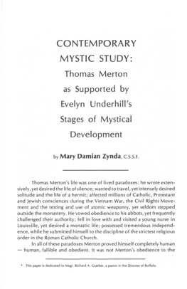 CONTEMPORARY MYSTIC STUDY: Thomas Merton As Supported by Evelyn Underhill's Stages of Mystical Development