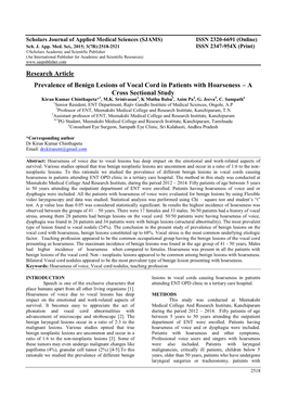 Research Article Prevalence of Benign Lesions of Vocal Cord In