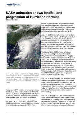 NASA Animation Shows Landfall and Progression of Hurricane Hermine 2 September 2016