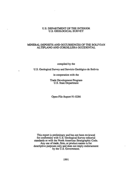 U.S. Department of the Interior U.S. Geological Survey Mineral Deposits and Occurrences of the Bolivian Alhplano and Cordillera