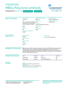 MBD4 Polyclonal Antibody Catalog Number:11270-1-AP Featured Product 2 Publications