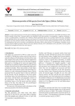 Metazoan Parasites of Fish Species from Lake Sığırcı (Edirne, Turkey)