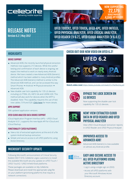 RELEASE NOTES UFED PHYSICAL ANALYZER, UFED LOGICAL ANALYZER, Version 6.2 | May 2017 UFED READER (V 6.2), UFED CLOUD ANALYZER (V 6.0.1)